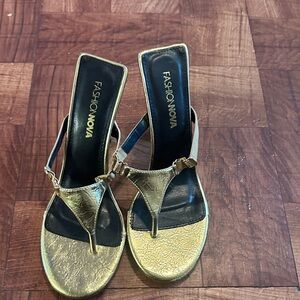 Fashion Nova Metallic Gold T-Strap Mule Heels